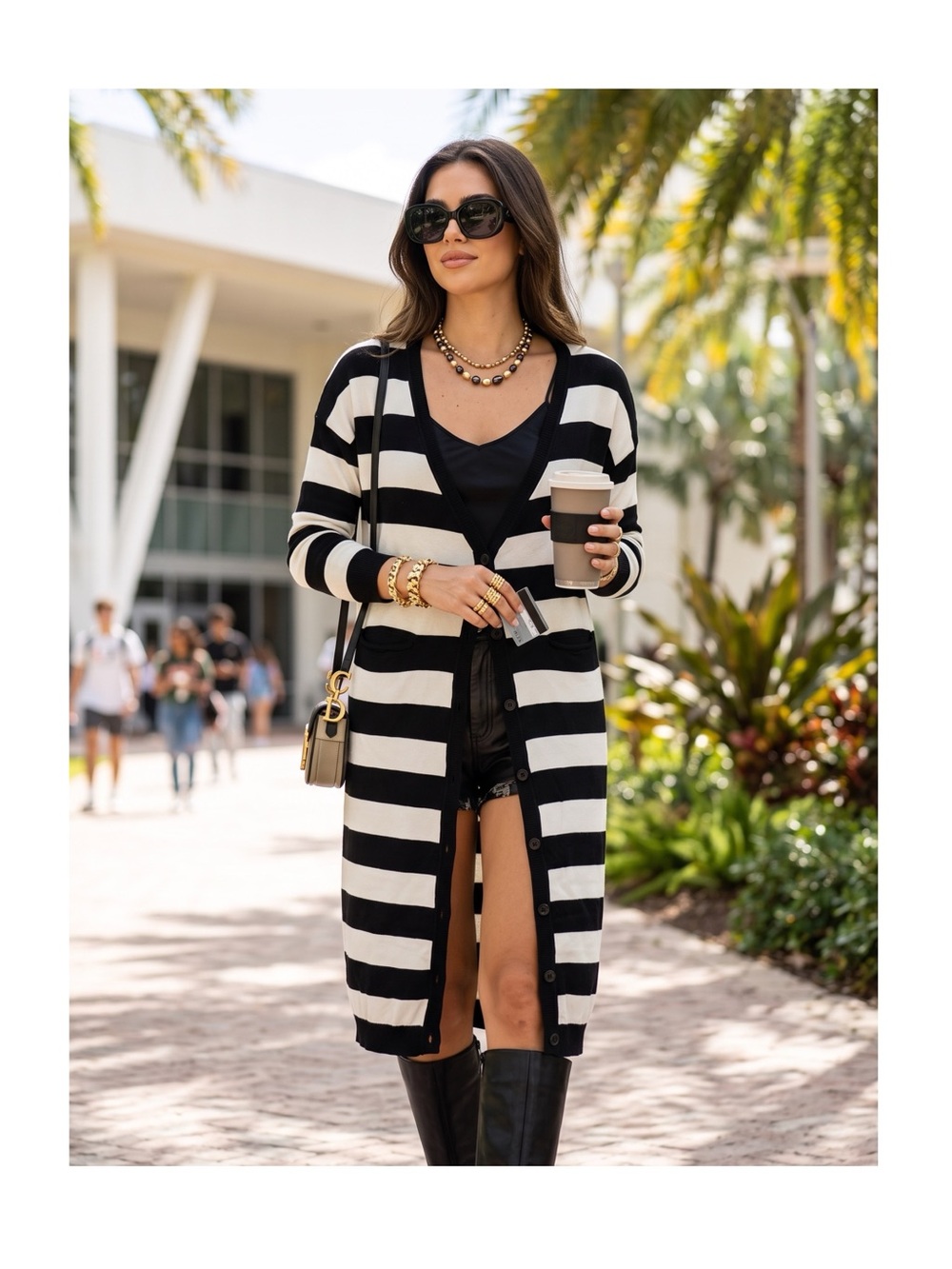 new LF Millau ᯾ Stripe V Neck Long Cardigan Duster Sweater ᯾ Black + White